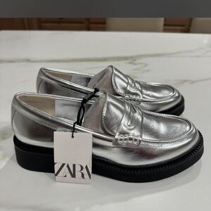 Zara Metallic Silver Loafers